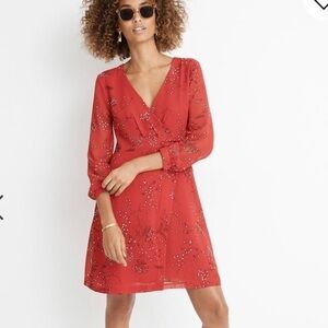 Madewell Red Floral Hazelwood  Wrap Printed Flowy Mini Dress in Windswept Size 0